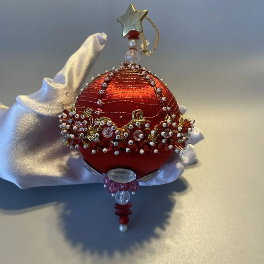 Vintage Christmas Red Gold Beaded Push Pin Ornate Ball Ornament Large Handmade